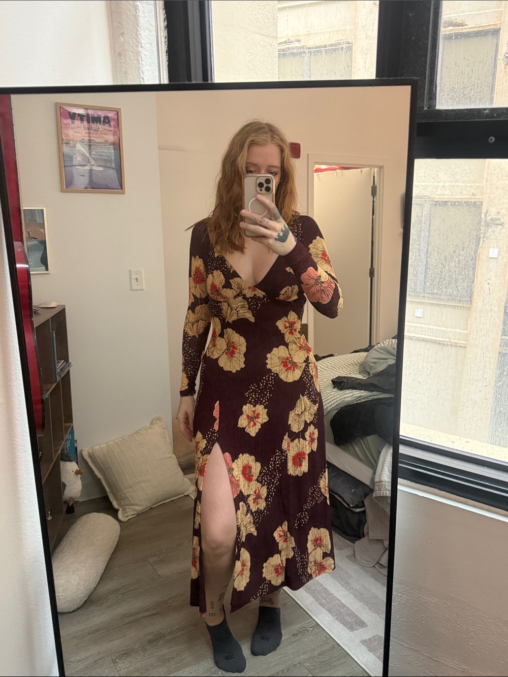 Free People Burgundy Maxi Dress with Yellow Floral Print